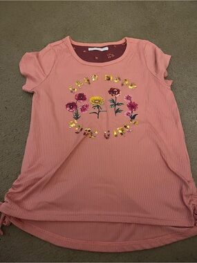 Sky Pink Ribbed Tee with Floral Lining and Sequins